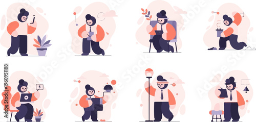 Flat illustrations of people engaged in various tasks and hobbies