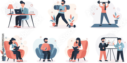 People engaged in various leisure and work activities, including desk work, exercise, reading, and meetings