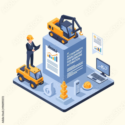 Isometric illustration of a construction site with an excavator, a truck, and a businessman overseeing operations, symbolizing automation in mining and business.