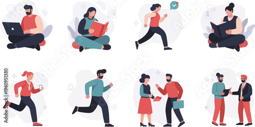 Modern people engaged in work, reading, running, and business meetings