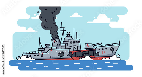 Cartoon illustration of a heavily damaged warship on fire, with smoke rising from its stack and visible battle scars, floating on blue water.