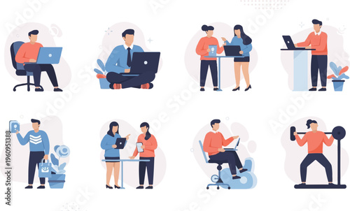 Diverse scenes of modern life, from office work to fitness routines