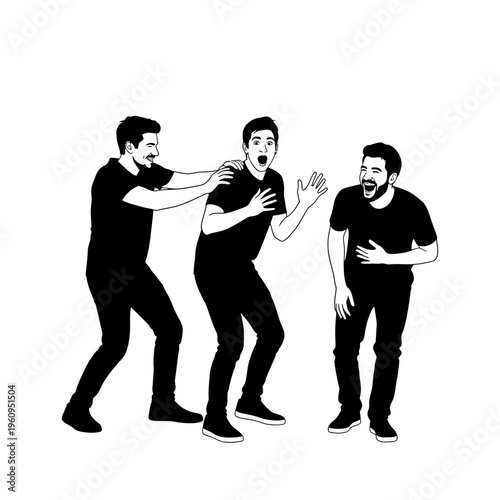 Three men in black clothes fighting.