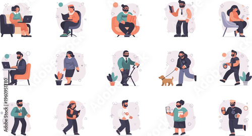 A collection of pixelated people engaged in various daily activities