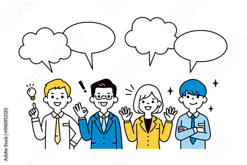 楽しそうにコメントする、様々な年代の男女のビジネスパーソンの上半身ベクターイラスト素材
