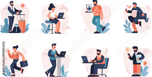 Diverse business professionals engaged in various tasks and communication