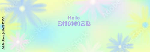 Spring, summer soft blurred background. Natural landscape with blue sky, green field, grass, yellow, pink, blue flowers.