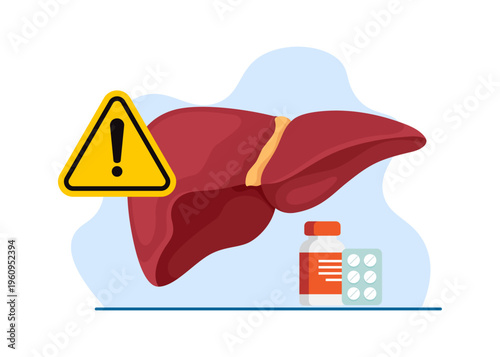 Liver health warning with pills and medication stock illustration.