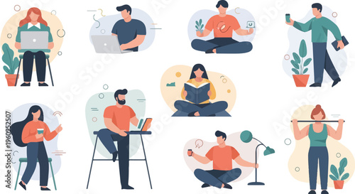 Diverse individuals engage in various modern activities, promoting a balanced lifestyle