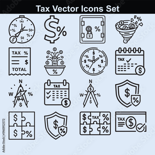 Tax vector icons set representing financial management and economic concepts.