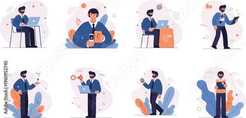 Diverse business scenarios featuring a man in a suit, depicted in various professional activities