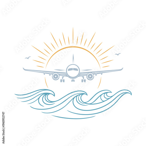 Airplane, sun, and waves design