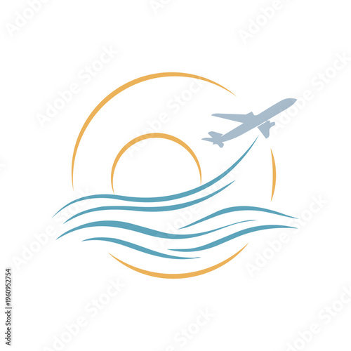 Minimalist circle sun, airplane, and water logo