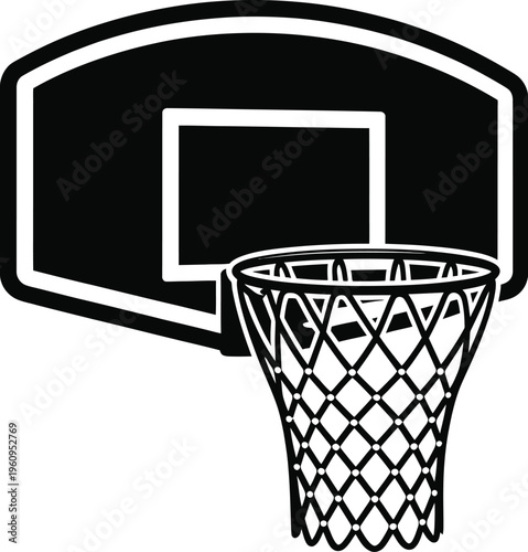 Black Silhouette of Basketball Hoop and Backboard on White Background sport