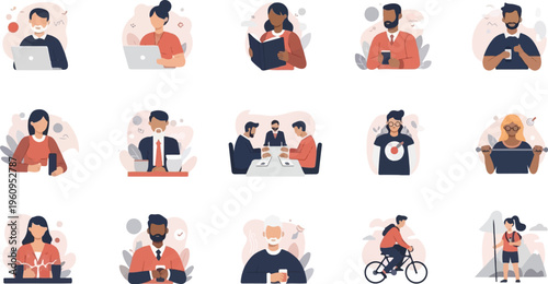 Diverse individuals engaged in work, leisure, and personal pursuits