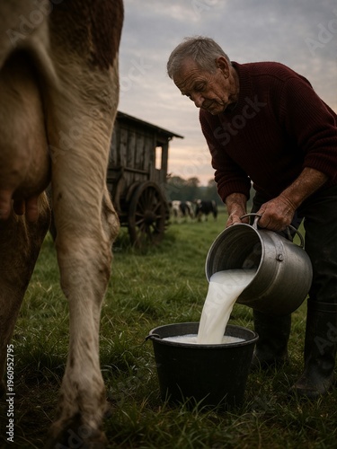 An elderly farmer milks a cow into a bucket at dusk on his rural farm.
