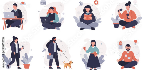 Eight illustrations depict diverse individuals engaging in various leisure activities