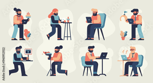 Diverse stylized figures engage in various technology-related activities