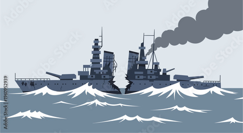 A detailed illustration of a large battleship broken in half on the open ocean, with dark smoke rising from one section.