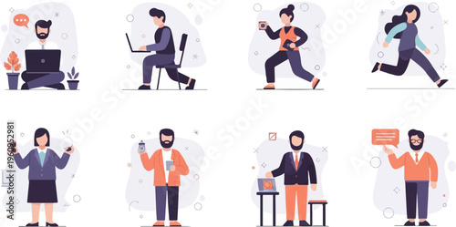 Eight people depicted in various activities, including work, exercise, and communication