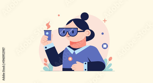 Flat design character wearing glasses, holding a cup with steam, against a minimalist background