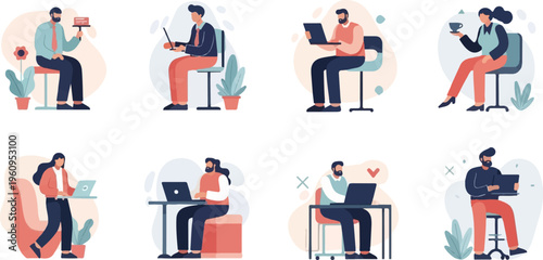 Diverse group of people engaged in various activities, mostly involving technology and work