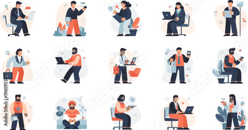 Diverse group of business professionals working and commuting