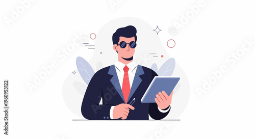 Man in suit with sunglasses holding tablet and stylus