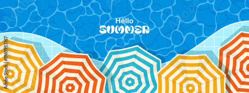 Summer vector illustration. Beach vacation concept. Pool with water, colorful stripped umbrellas. Retro style.