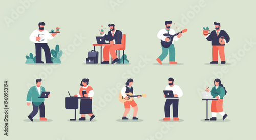 Diverse individuals engage in various daily activities and hobbies