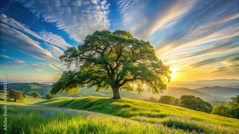 Fototapeta premium Serene Sunset Landscape Featuring a Majestic Oak Tree on a Rolling Hilltop Meadow