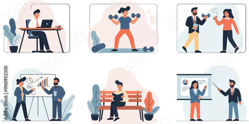 Diverse individuals engage in work, fitness, learning, and presentations in stylized scenes