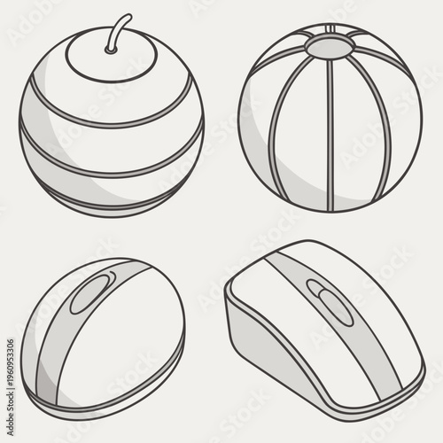 A set of vector icons featuring different types of food and Christmas holiday ornaments including a 3d glass ball and an apple shaped explosive grenade sign for business art design
