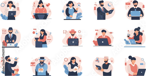 Diverse individuals engaged in digital work and tasks, illustrated