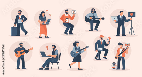 Diverse individuals engaged in creative and professional activities, showcasing modern work and hobbies