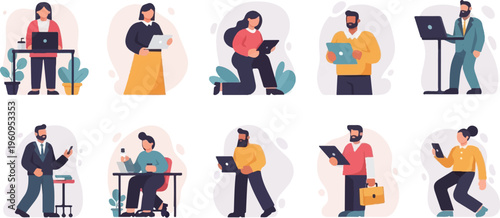 Diverse individuals engaged in modern digital work and communication tasks