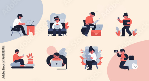 Diverse individuals engaged in various digital activities and professions