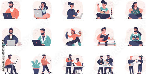 Diverse individuals engaged in various productive activities, including work and reading