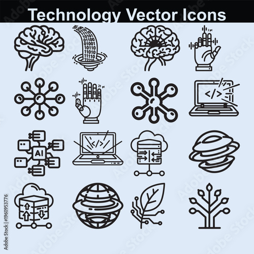 Technology vector icons, human brain, binary code stream, haptic glove, laptop, cloud server.