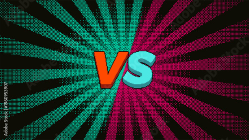 Pixel art versus screen with bold VS text and split radial rays background. High contrast gaming style composition for competitive concept, vector illustration.