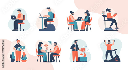 Diverse individuals engaged in work, exercise, and leisure activities