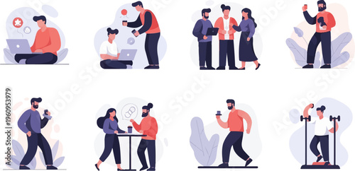 Diverse individuals engaged in work, leisure, and fitness activities