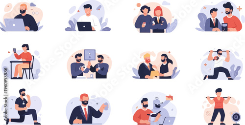 Diverse individuals engaged in work, fitness, and social activities