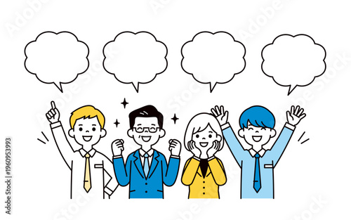 吹き出しと、成功・達成して喜ぶビジネスマン・男女の会社員の上半身ベクターイラスト素材セット