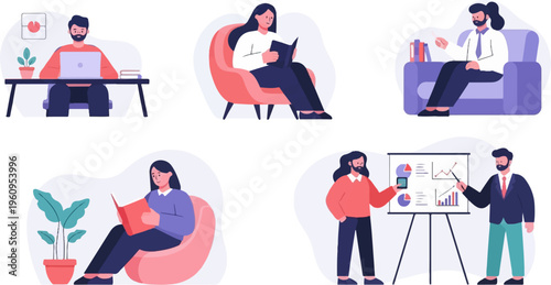 Diverse individuals engaged in work, relaxation, and business presentations