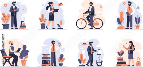 Diverse office workers engage in various activities, from cycling to using technology