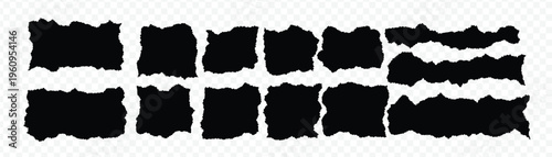 Set of black torn paper silhouettes with ragged edges isolated on white background