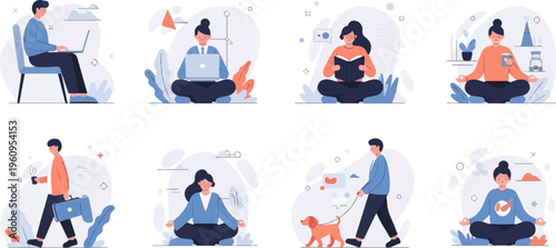 Diverse people engage in calm activities work, reading, meditation, and dog walking