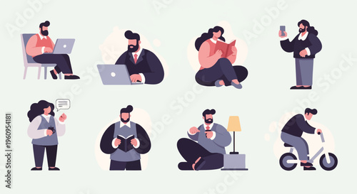 Diverse people engage in various activities like working, reading, cycling, and communication