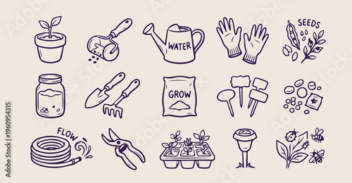  Home Gardening Tools Set, Backyard Planting Hobby Illustration, Spring Garden Care Design, Urban Farming Growth Graphics, Greenhouse Cultivation Equipment Art, Sustainable Living Plant Vector, Botani